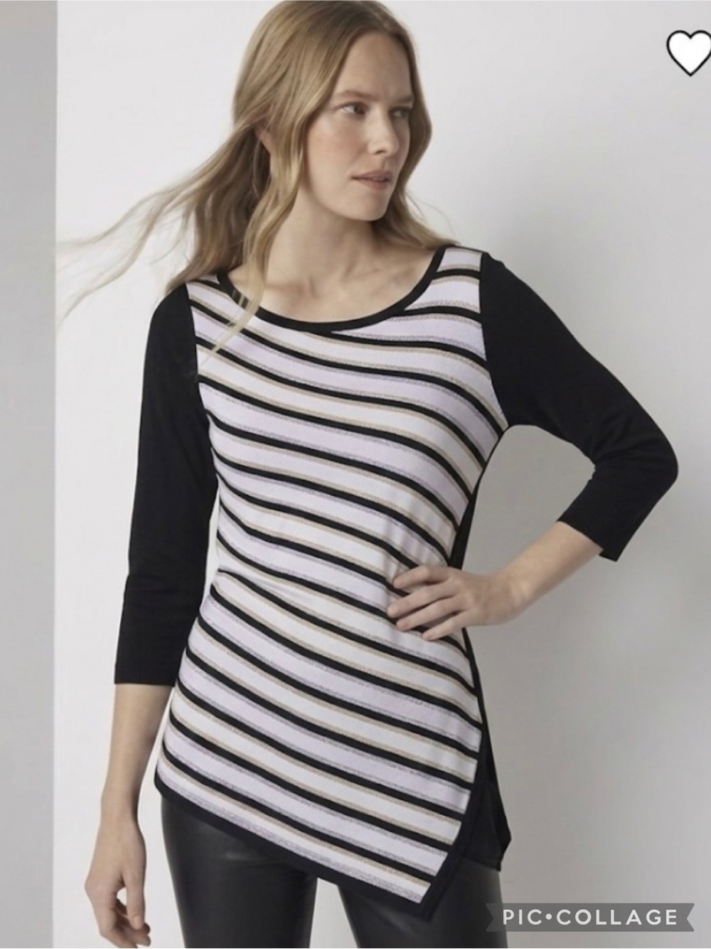 WHBM Black White Diagonal Stripe Metallic Asymmetrical Hem Tunic Sweater S